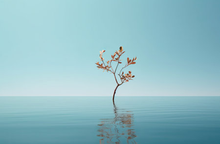 Single tree on a lake. Minimalism of lone tree and its reflection., by ai generativeの素材