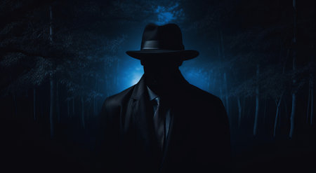 man wearing hat and trenchcoat is standing in front of dark background, spy watches from the dark, killer waits in the dark, by ai generativeの素材