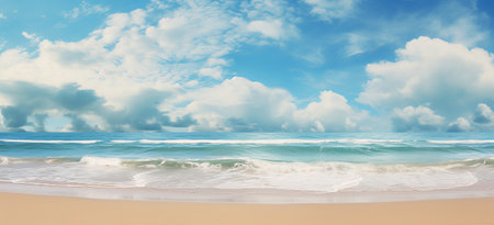 blue water beach with turquoise sand and the sun shining, beach in the sun and cloudy sky, sunny beach with blue water and sunshine, by ai generativeの素材
