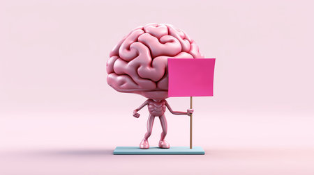 pink brain hold protest sign in hand on pink background, card with space for inscriptions, 3d illustration, by ai generativeの素材