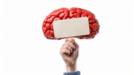 red brain hold protest sign in hand on white background, card with space for inscriptions, by ai generativeの素材