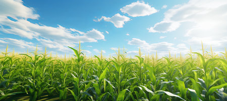 Young green corn growing on the field at sunset. Young Corn Plants. Corn grown in farmland, cornfield., by ai generativeの素材