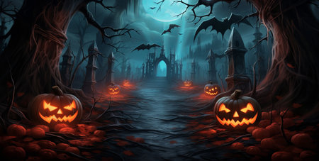 halloween pumpkin scene at night with scarecrows and bats, in the style of mysterious backdrops, halloween dark background image, by ai generativeの素材