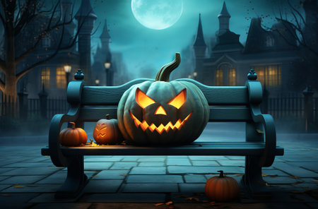 halloween pumpkin scene at night with scarecrows and bats, in the style of mysterious backdrops, halloween dark background image, by ai generativeの素材