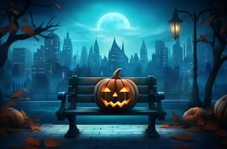 halloween pumpkin scene at night with scarecrows and bats, in the style of mysterious backdrops, halloween dark background image, by ai generativeの素材