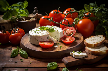 Tasty blue cheese with basil and tomato on wooden background. Dorblu cheese pieces with tomato, by ai generativeの素材