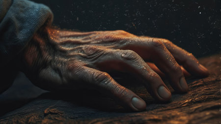 elderly hand asking for help from people closeup. hand reaching up, salvation of mankind concept, by ai generativeの素材