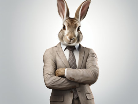 man with rabbit head in business suit, loser male in suit. businessman newbie or beginner, crypto trader concept, by ai generativeの素材