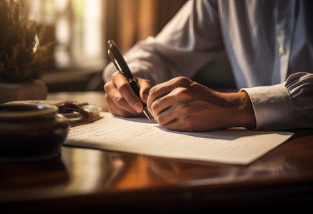 hand of man writing signature on piece of paper,  legal document written by someone holding pen,  close up signing business contract paper by hand, by ai generativeの素材