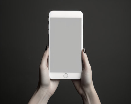 smartphone with blank, blank screen in a womans hands against backdrop of street lights, by ai generativeの素材