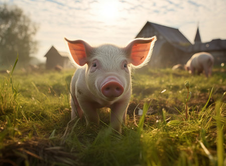 one pig on green field near grass and crops on the back of farm, by ai generativeの素材