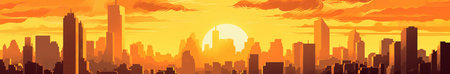 silhouette of the city of the future in the desert with the sun in the background, in yellow tones, ultrawide format, by ai generativeの素材