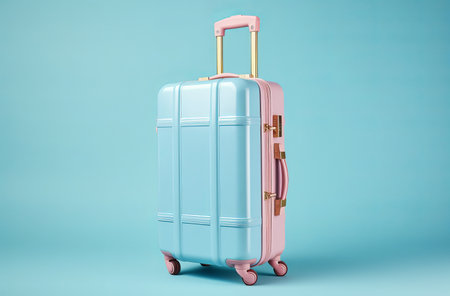 Beautiful blue travel suitcase on a blue background. travel and vacation concept. clean background and lots of space, by ai generativeの素材