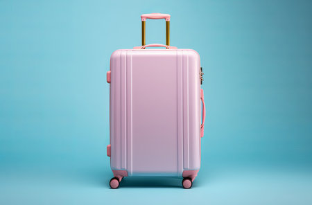 Beautiful pink travel suitcase on a blue background. travel and vacation concept. clean background and lots of space, by ai generativeの素材