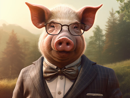 man with pig head in business suit, loser male in suit. businessman newbie or beginner, crypto trader concept, by ai generativeの素材