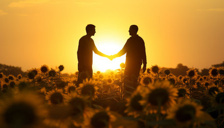 Silhouette of two farmers shaking hands at sunset, two businessmen in hats shaking hands at sunset, by ai generativeの素材
