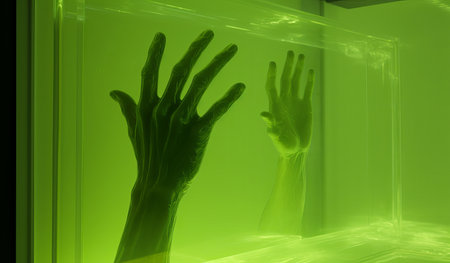hand in a completely green room as an illustration of loneliness and immersion in the world of metaverses, by ai generativeの素材