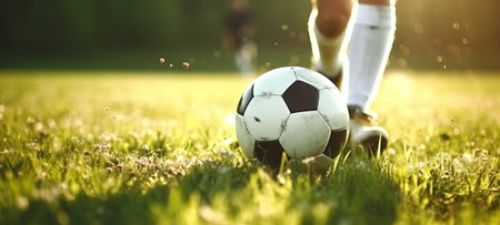 player playing soccer with ball, close up of foot and ball on green grass, by ai generativeの素材