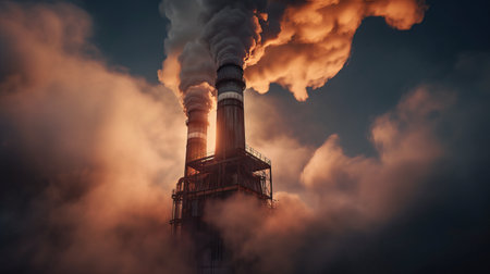 Fire at nuclear power plant. Thick and heavy smoke coming out of huge and high chimney of factory. smoke at waste or oil products processing plant., by ai generativeの素材