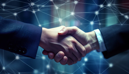 two businessmen shaking hands in front of a network background, people shaking each other hands over an abstract background, by ai generativeの素材