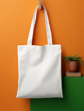 person holding tote bag with blank design in front of an orange background, in the style of consumer culture, white canvas tote bag mockup, by ai generativeの素材