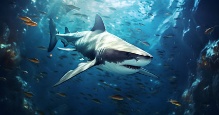 Ocean shark bottom view from below. Open toothy dangerous mouth with many teeth. Underwater blue sea waves clear water shark swims forward, by ai generativeの素材