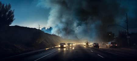 accidents with fire and a lot of smoke on the road, traffic jam on the highway. smoke from an explosion in the distance in the background, by ai generativeの素材