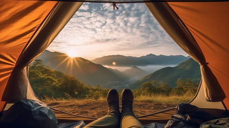 view from inside tent with sleeping bags legs on mountain, by ai generativeの素材