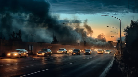 accidents with fire and a lot of smoke on the road, traffic jam on the highway. smoke from an explosion in the distance in the background, by ai generativeの素材