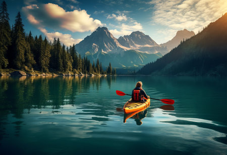 Rear view of woman in canoe. Active, adventure, outdoors, canoeing, kayaking, by ai generativeの素材