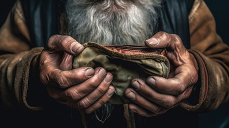 empty wallet in the hands of a poor person who has no money to pay for losing everything, by ai generativeの素材
