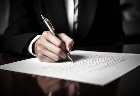 hand of man writing signature on piece of paper,  legal document written by someone holding pen,  close up signing business contract paper by hand, by ai generativeの素材