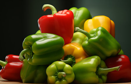 Colorful green, red and yellow peppers paprika background, by ai generativeの素材