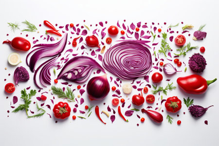 Healthy vegetables cut into slices and layers various healthy vegetables arranged by colors, by ai generativeの素材