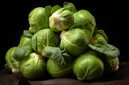 Fresh green brussel sprouts vegetable on dark background, by ai generativeの素材
