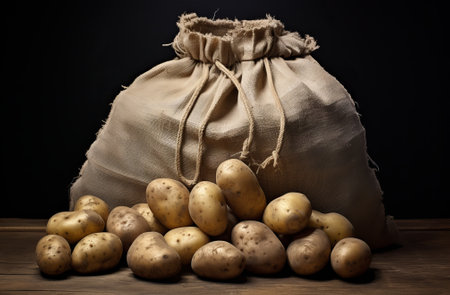 Raw potato food. Fresh potatoes in an old sack on wooden background., by ai generativeの素材