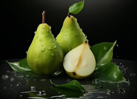 One and a half green pear fruit isolated on black background, by ai generativeの素材