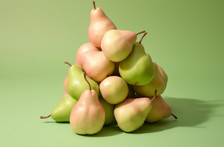 Ripe fresh pears with leaves on green background, by ai generativeの素材