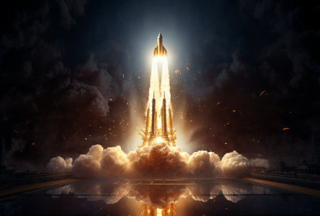 rocket is fired up to launch a launch pad. acroecosmosphere spacecraft launch, by ai generativeの素材