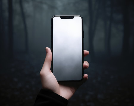 smartphone with a blank, blank screen in a mans hands against dark background, by ai generativeの素材