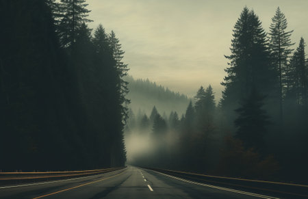 Road in foggy forest in rainy day. Beautiful mountain curved roadway with fog and overcast sky. Landscape with empty wet asphalt road. empty highway lined, by ai generativeの素材