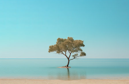 Single tree on a lake. Minimalism of lone tree and its reflection., by ai generativeの素材