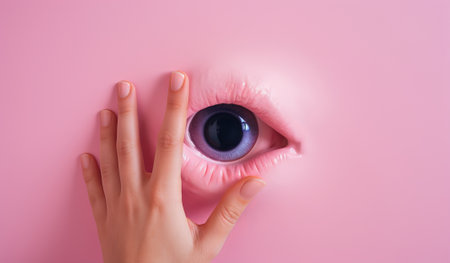 person putting a hand around a pink hole, in the style of minimalist composition, pink and blue, surreal pop, realist detail, handheld, by ai generativeの素材