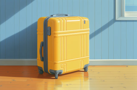 Beautiful yellow travel suitcase on a blue background. travel and vacation concept. clean background and lots of space, by ai generativeの素材
