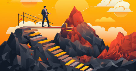 businessman is running up a staircase to reach success, business concept of overcoming obstacles, man running towards flag and key, by ai generativeの素材
