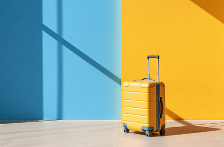 Beautiful yellow travel suitcase on a blue background. travel and vacation concept. clean background and lots of space, by ai generativeの素材