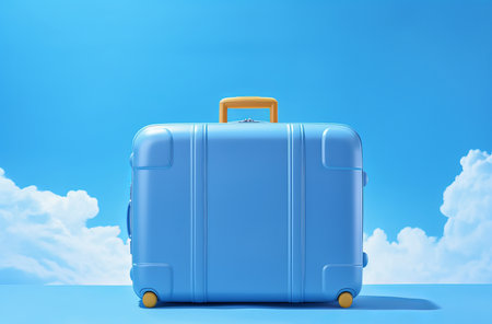 Beautiful blue travel suitcase on a blue background. travel and vacation concept. clean background and lots of space, by ai generativeの素材
