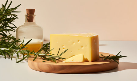 Cheese with rosemary full depth of field. Hard cheese with spices beautiful still life, by ai generativeの素材