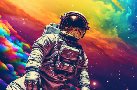 mr universe rainbow astronaut floating in space. Cosmic art, science fiction wallpaper. Beauty of deep space. Billions of galaxies in the universe., by ai generativeの素材