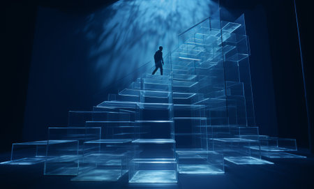 digital stair is made of blue electronic light and has flag, digital stairs and flag going up on blue background, by ai generativeの素材
